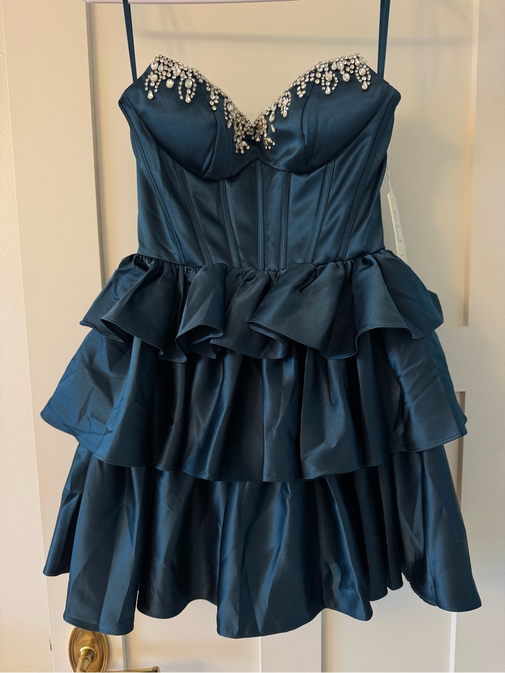 Strapless Navy Blue Mini Dress with Jeweled Sweetheart Bodice